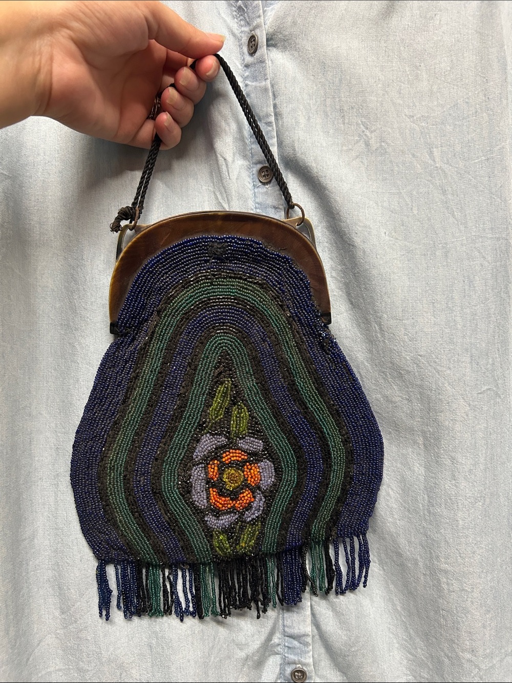 Vintage Beaded Floral Fringe Handbag in Navy, Green, Orange - Picture 2 of 10